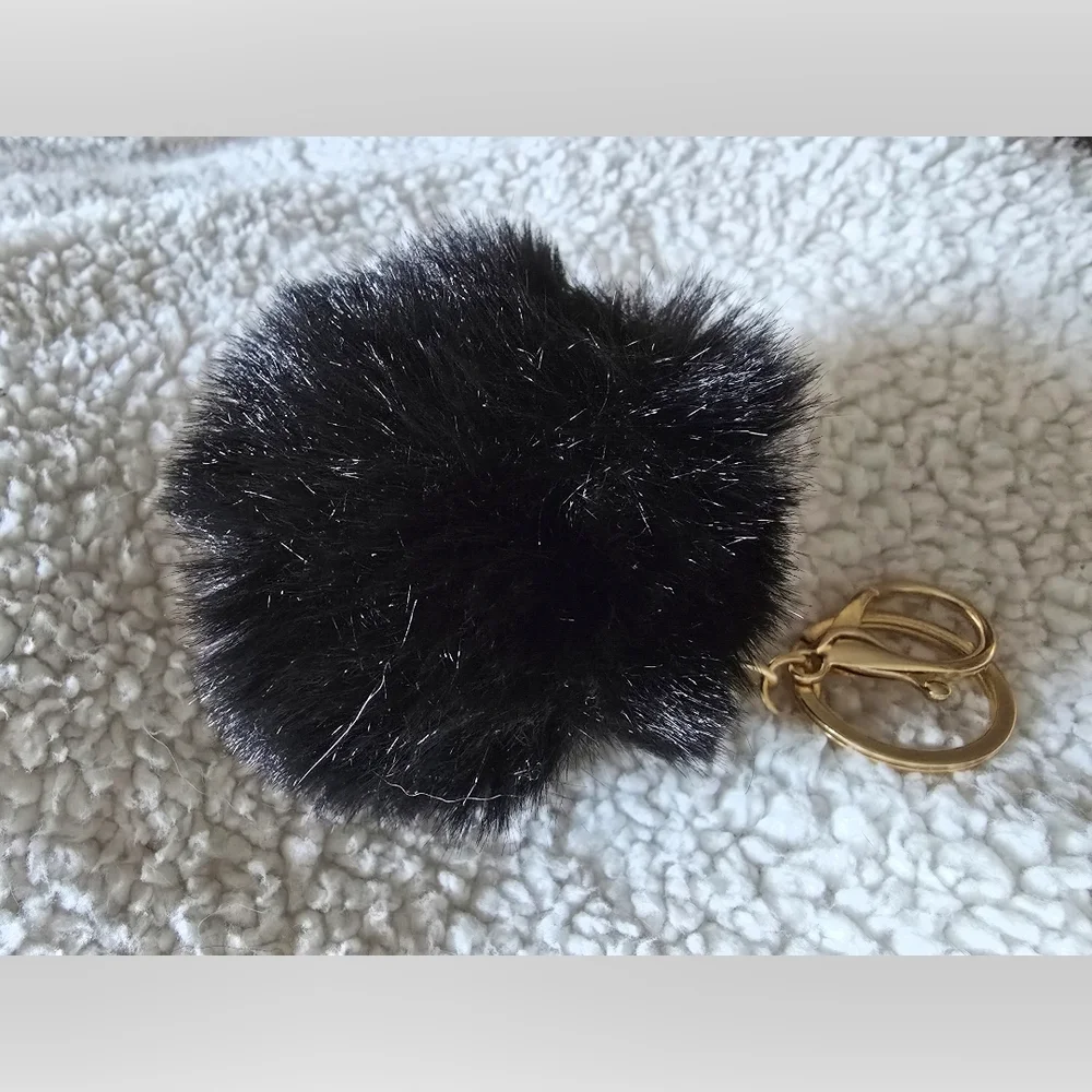 Purse/Key Holder Charm Black Fluffy Pom Pom~NEW